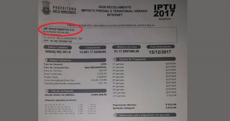 Boleto de IPTU comprova que prédio do jornal Hoje em Dia é do dono da JBS