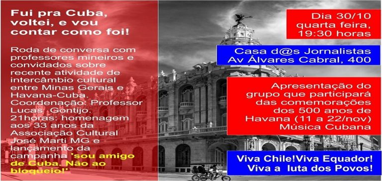 Associação Cultural José Martí realiza ato de solidariedade a Cuba nesta quarta 30/10