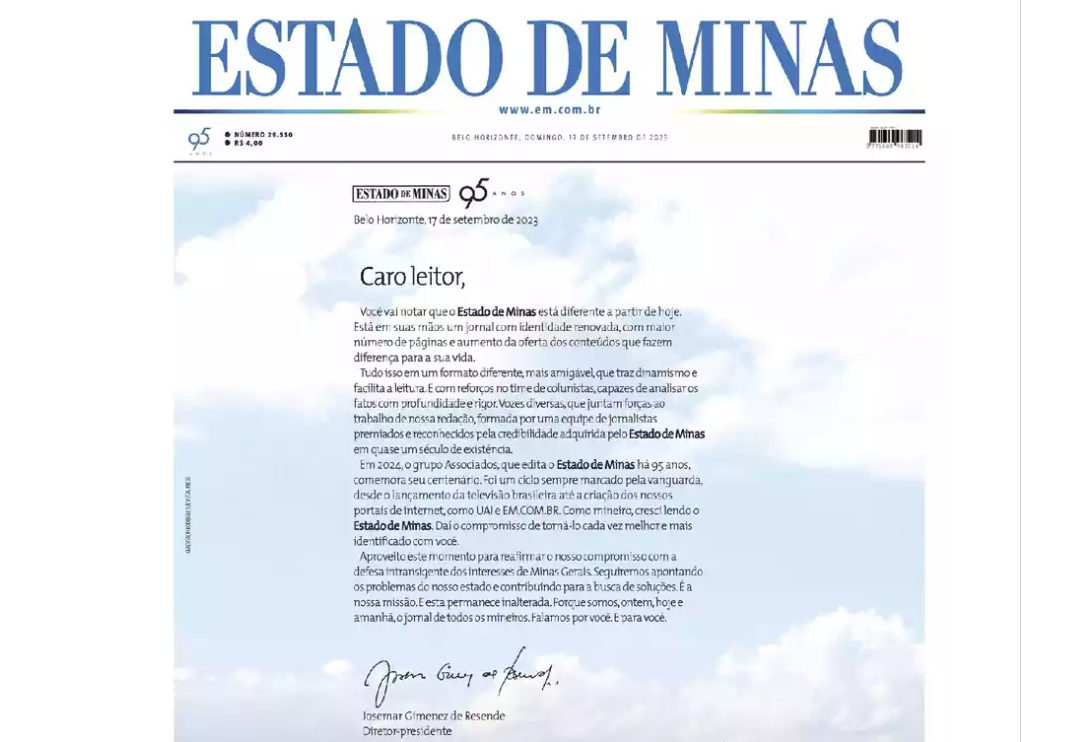 reprodução da capa do jornal Estado de Minas, edição de 17 de setembro, anunciando o novo projeto editorial - reprodução da internet